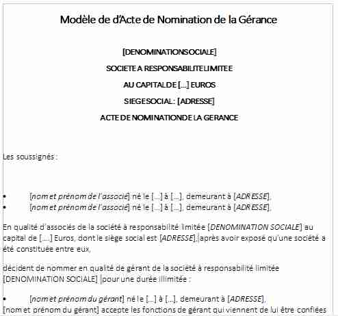 Acte de nomination de la gérance