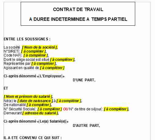 Modèle de contrat CDI Temps Partiel