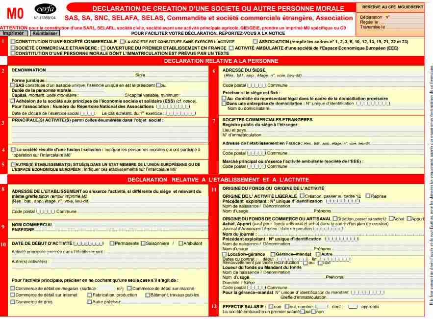 Formulaire M0 pour SAS SASU