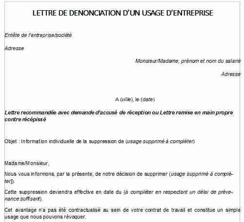 Lettre de dénonciation d'un usage d'entreprise