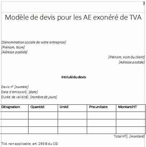 Modèle de devis pour les AE exonérés de TVA