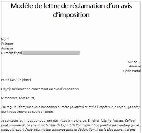 Modèle de lettre de réclamation concernant un avis d'imposition