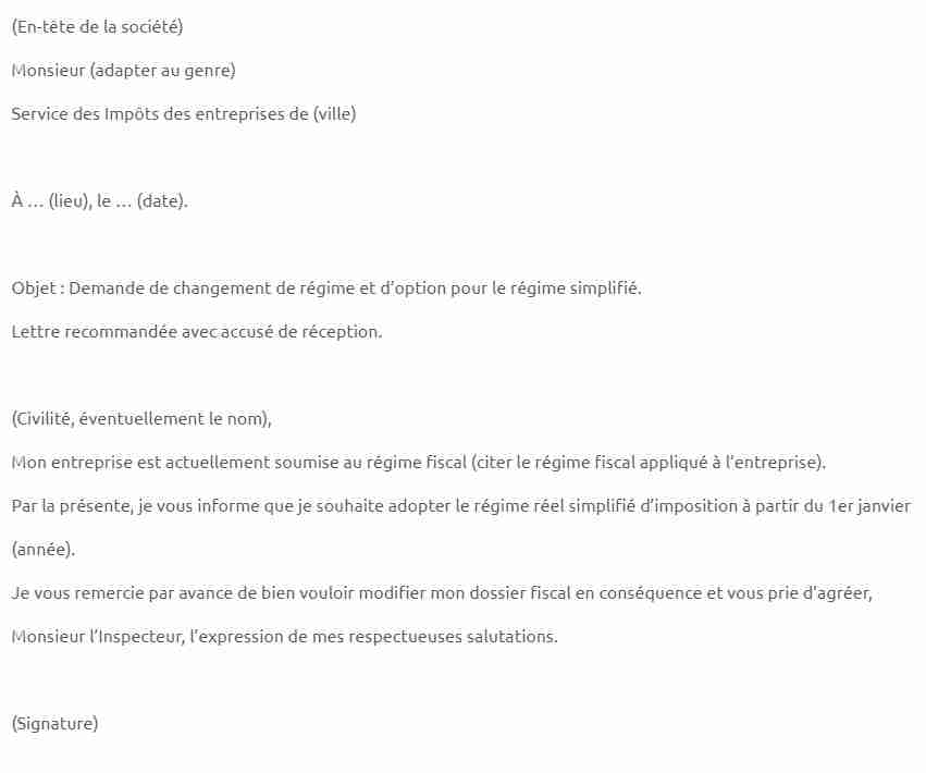 Modèle de lettre d’option pour le régime réel d’imposition