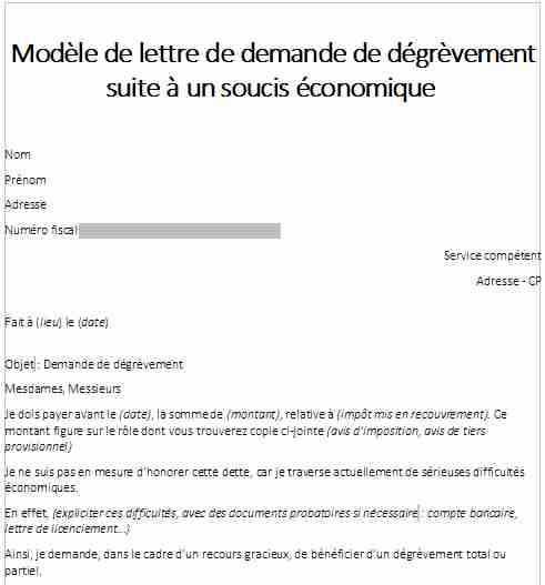 Modèle de lettre de dégrèvement suite à des difficultés économiques