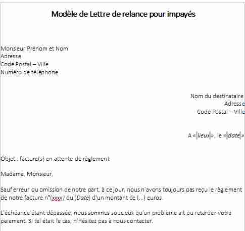 Modèle de lettre de relance pour impayés