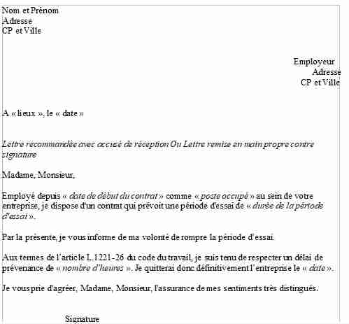 Modèle gratuit lettre de démission période d’essai